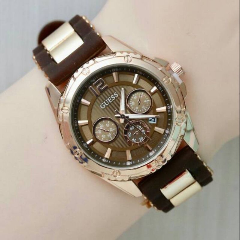 (Grosir)Jam Tangan Wanita Fashion Guess Crono Variasi Tanggal Aktif  Strap Rubber/Karet(Terima Cod)