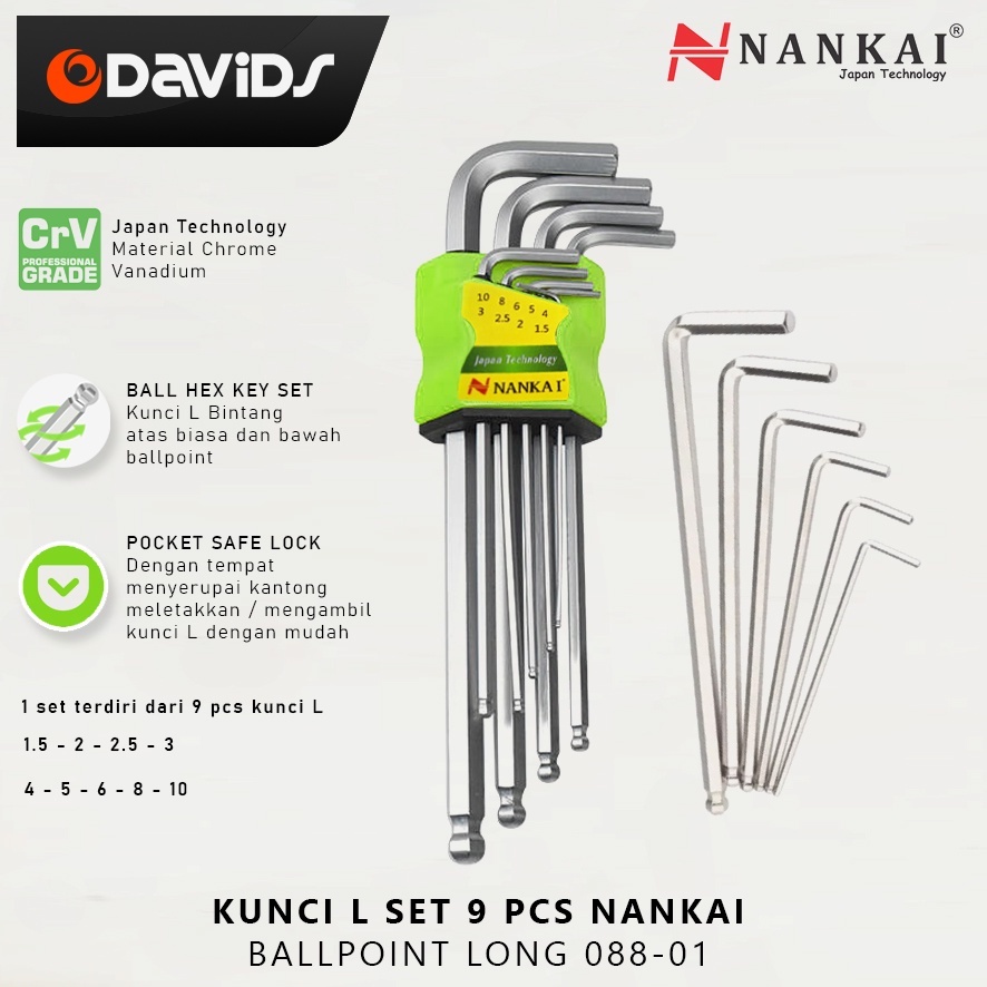 Kunci L Set Panjang Konci Baja Segi Enam 9 Pcs Ballpoint Nankai 08801
