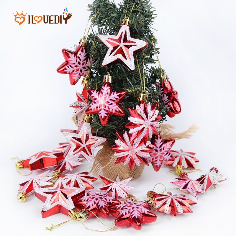 5 / 6Pcs Ornamen Gantung Bentuk Bintang Poligonal Snowflake Bahan Plastik Untuk Dekorasi Pohon Natal