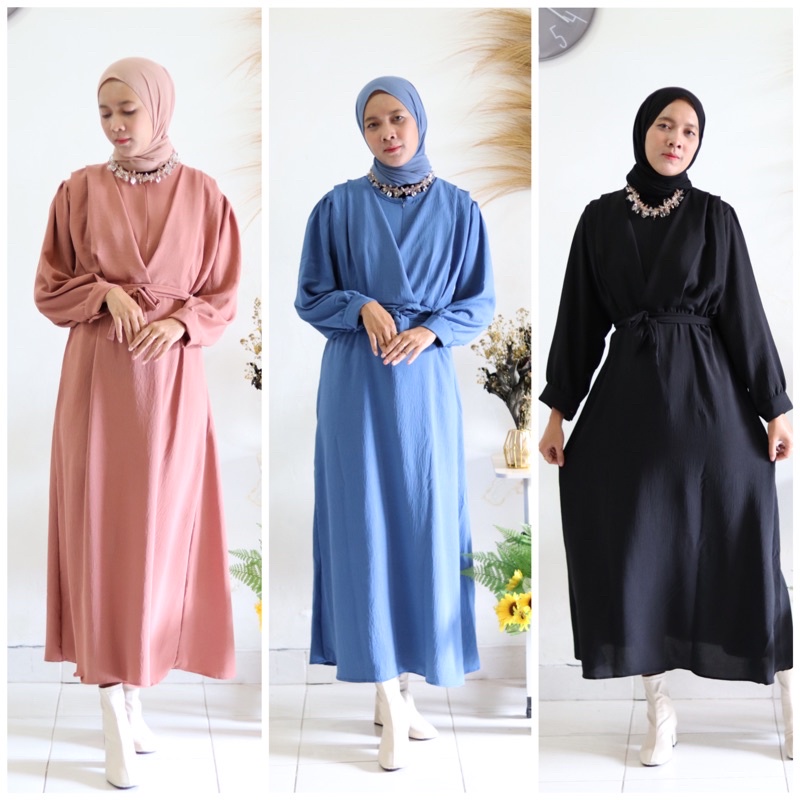 teresa drees by elslook (READY STOK) dress crinkle airflow busui friendy belt terpisah gamis kondangan simple dress silk dress satin maxmara dress kondangan ootd lamaran