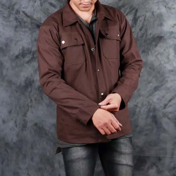 jaket wanita  jaket kemeja semi parka kemeja semi parka kanvas TR lembut pria wanita - coklat, S ter