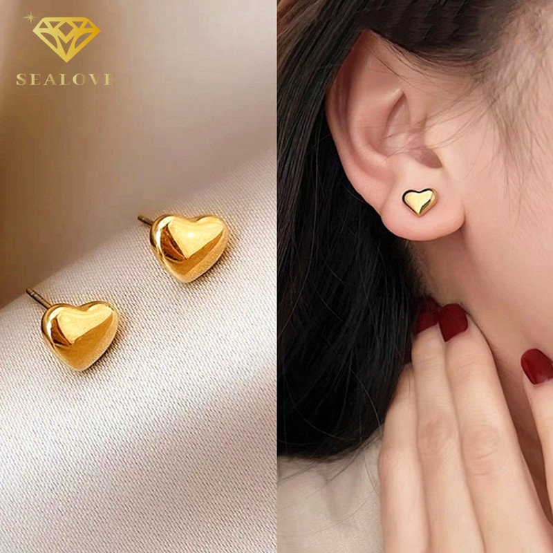 SEALOVE Anting Titanium asli hati emas 18k simple Anti Karat dan anti luntur Anting tindik Wanita Korea