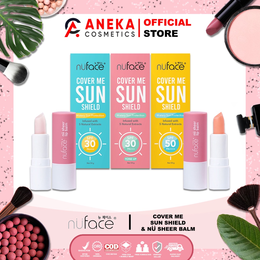 NU FACE COVER ME SUN SHIELD | 50 SPF | 30 SPF | 30 SPF TONE UP | NUFACE SHEER LIP BALM | PEACH GUM |