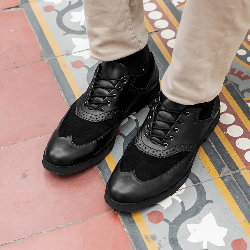 Leeds Black | Sepatu Pantofel Hitam Pria Casual Kerja Cowok Oxford Longwing Wingtip Pantofel Laki | Lvnatica x FORIND