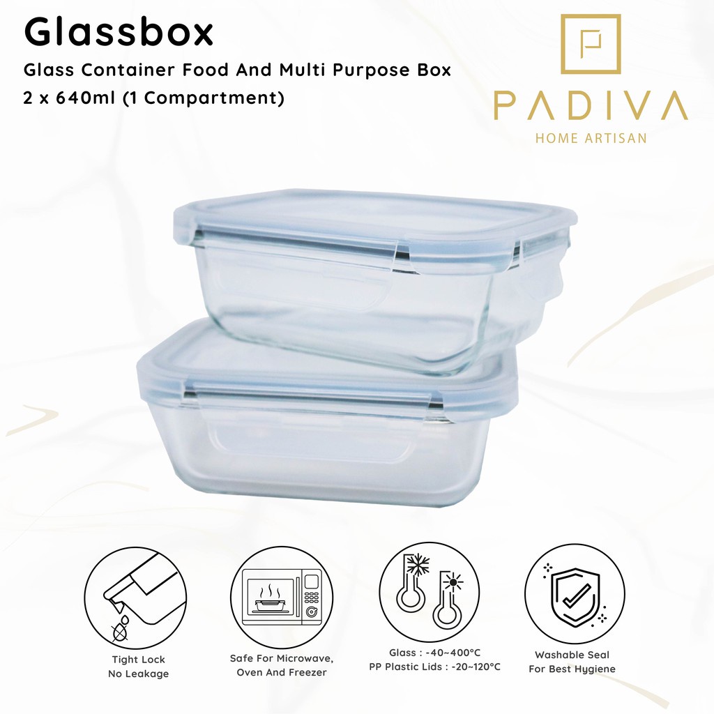 Padiva 640ml  (2pcs) Crystal Glassbox 1 compartment/ Tempat Makan bayi