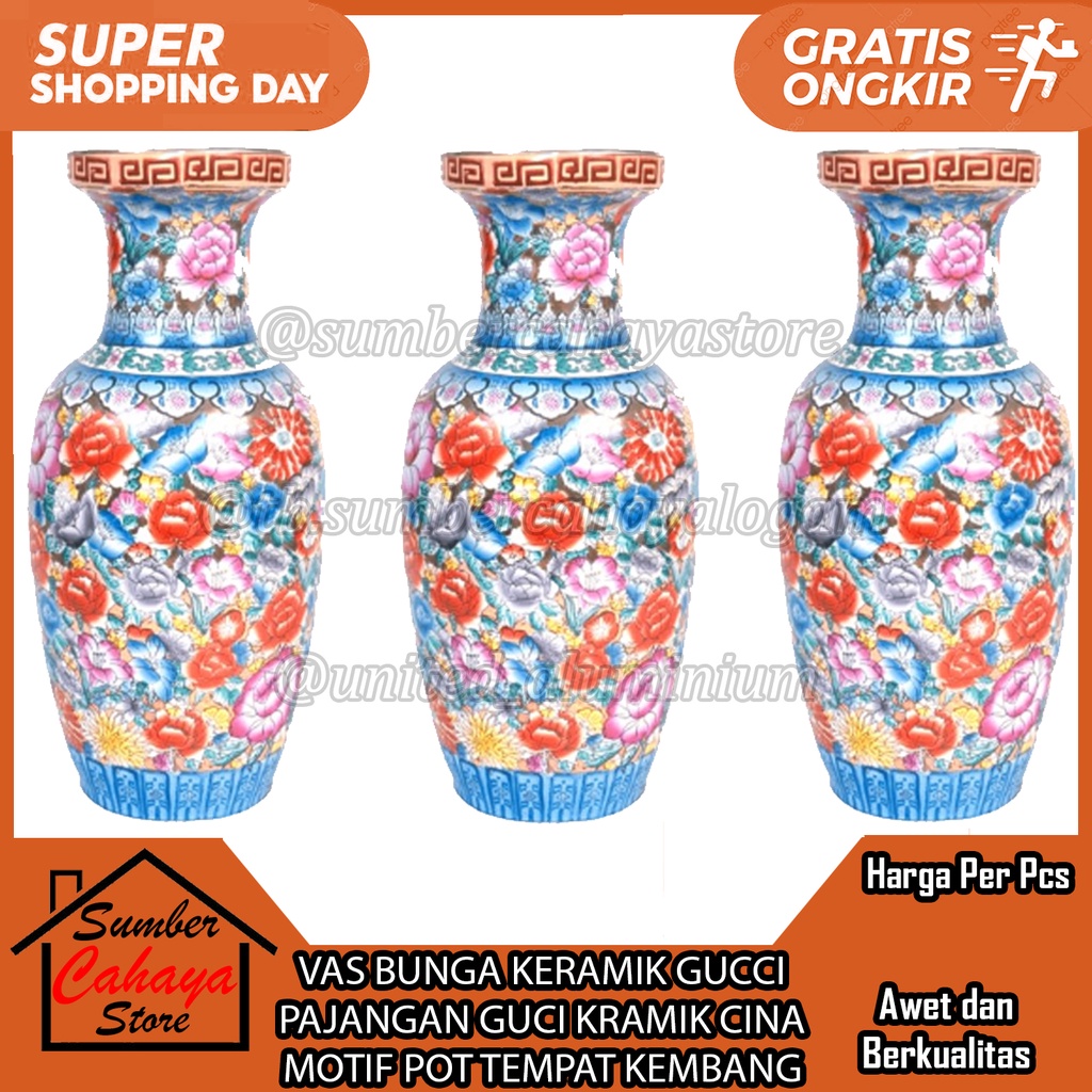 VAS BUNGA KERAMIK GUCCI  PAJANGAN GUCI KRAMIK CINA  MOTIF POT TEMPAT KEMBANG HIASAN RUMAH RUANG TAMU