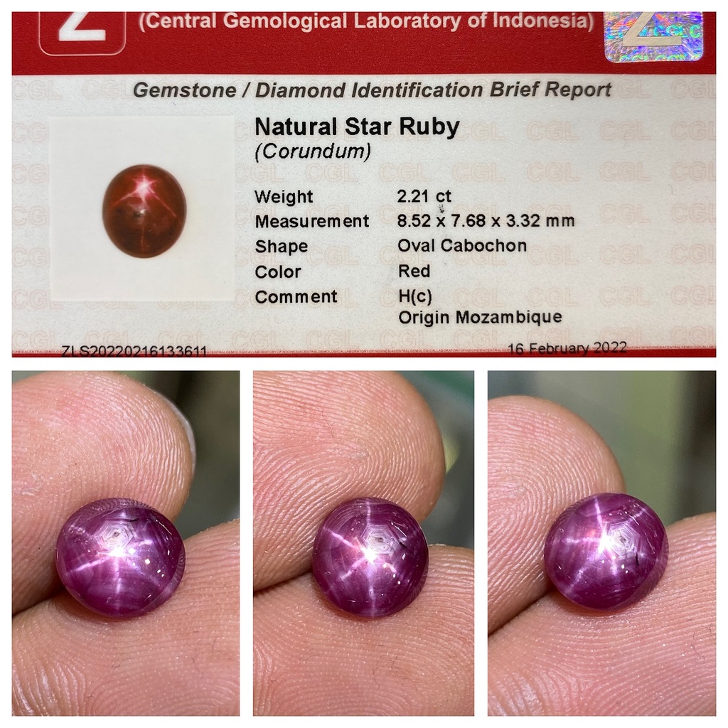 Natural 2.21ct Batu Star Red Ruby Hc Mozambique Memo CGL