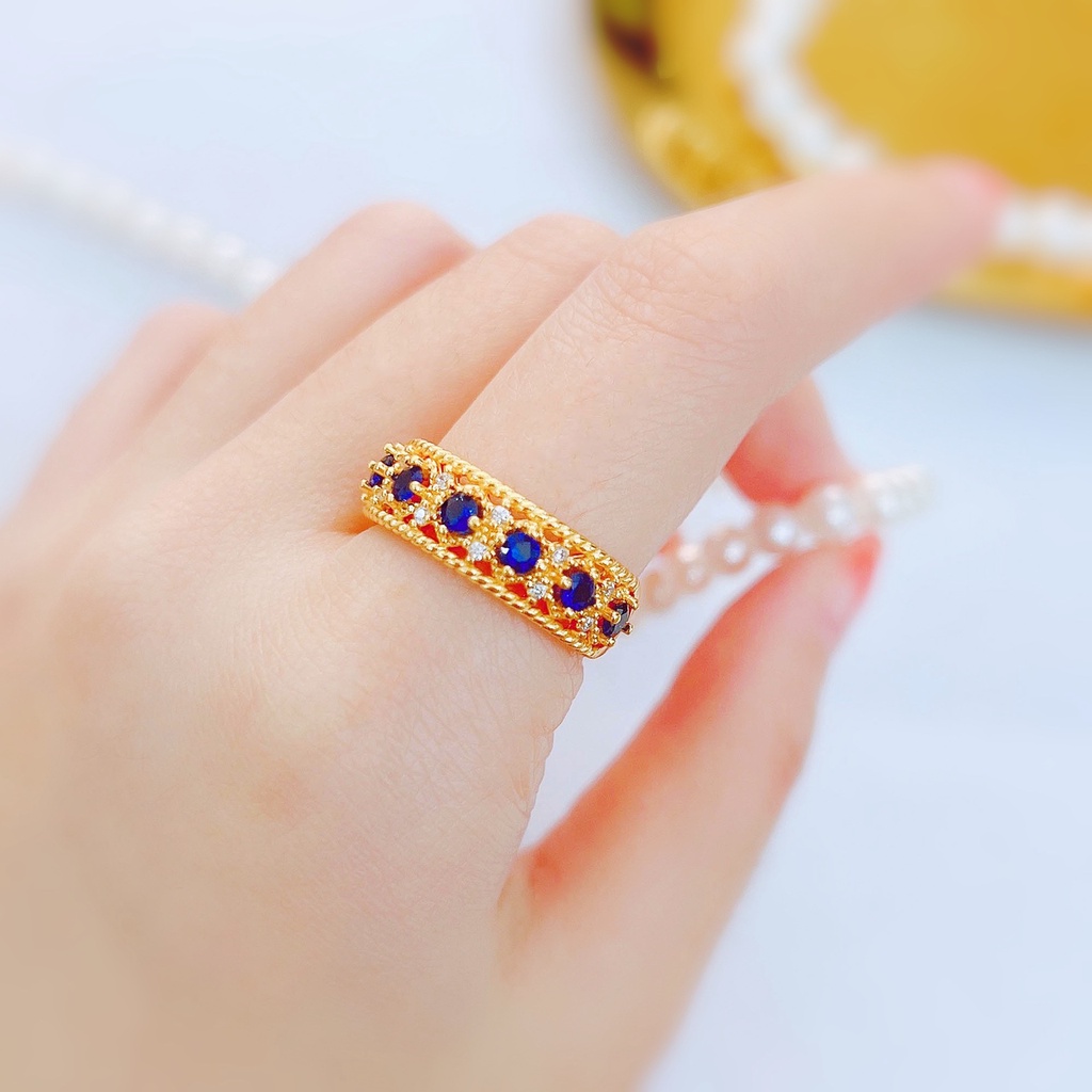 Goldkingdom Perhiasan Fashion Emas Asli Kadar 375 Bangkok Aksesoris Ready Stock Berlapis Emas Vintage Renda Kerajinan Ujung Biru Kristal Karbon Tinggi Berlian Cincin Yang Dapat Disesuaikan Untuk Wanita