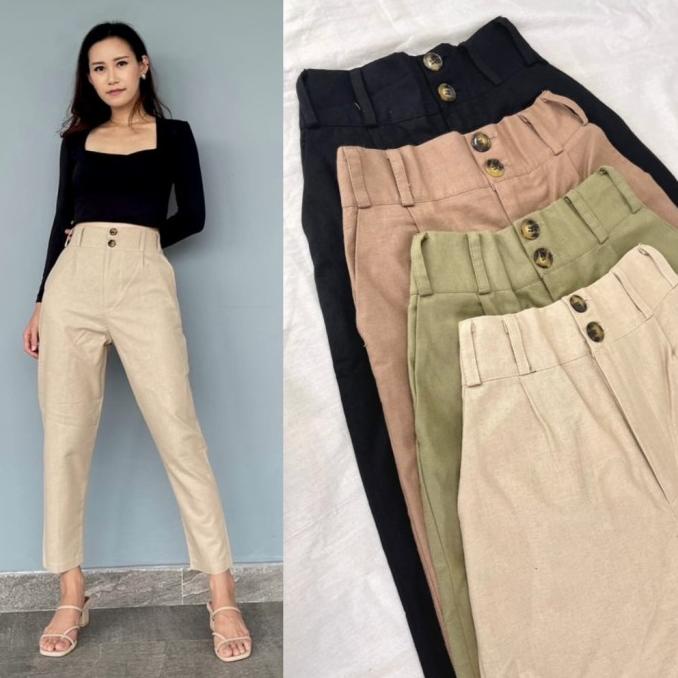 Celana Linen Highwaist Wanita Baggy Pants HW Basic Celana Kantor 2243 Termurah