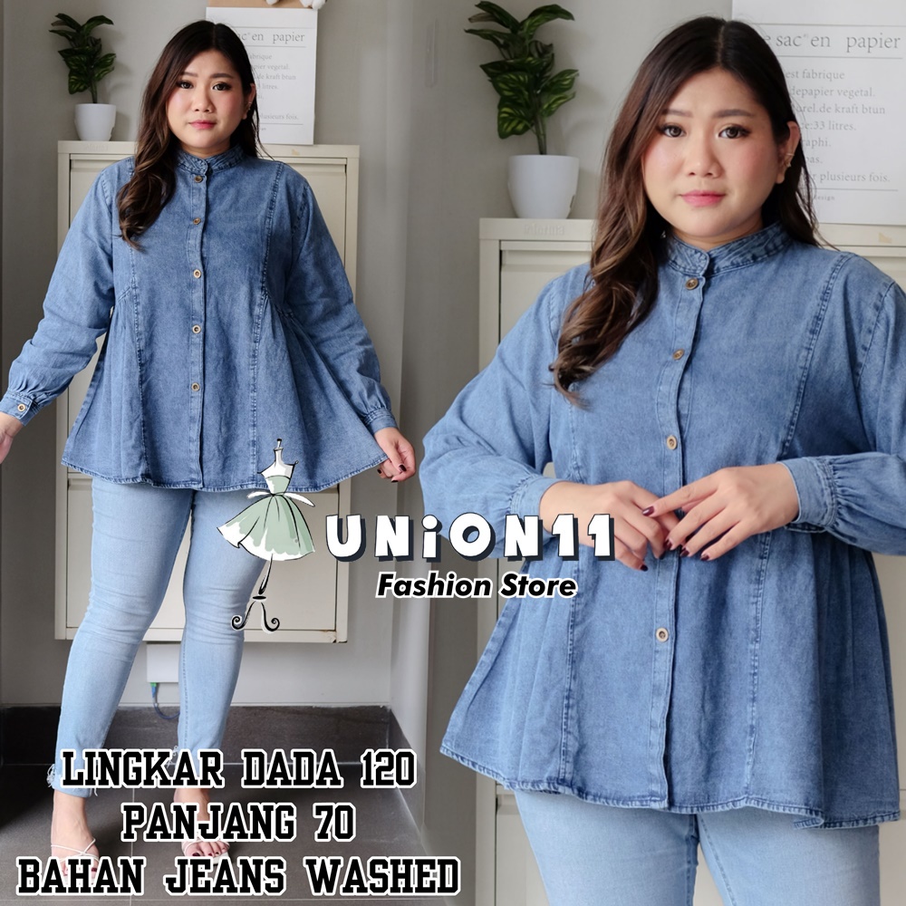 UNION11 - BLOUSE JUMBO WANITA JEANS WASHED / ATASAN JUMBO WANITA LD 120 / BAJU JUMBO WANITA / BAJU KERJA WANITA BIGSIZE / BLOUSE JUMBO WANITA / ATASAN JUMBO XXXL WANITA VIMEL