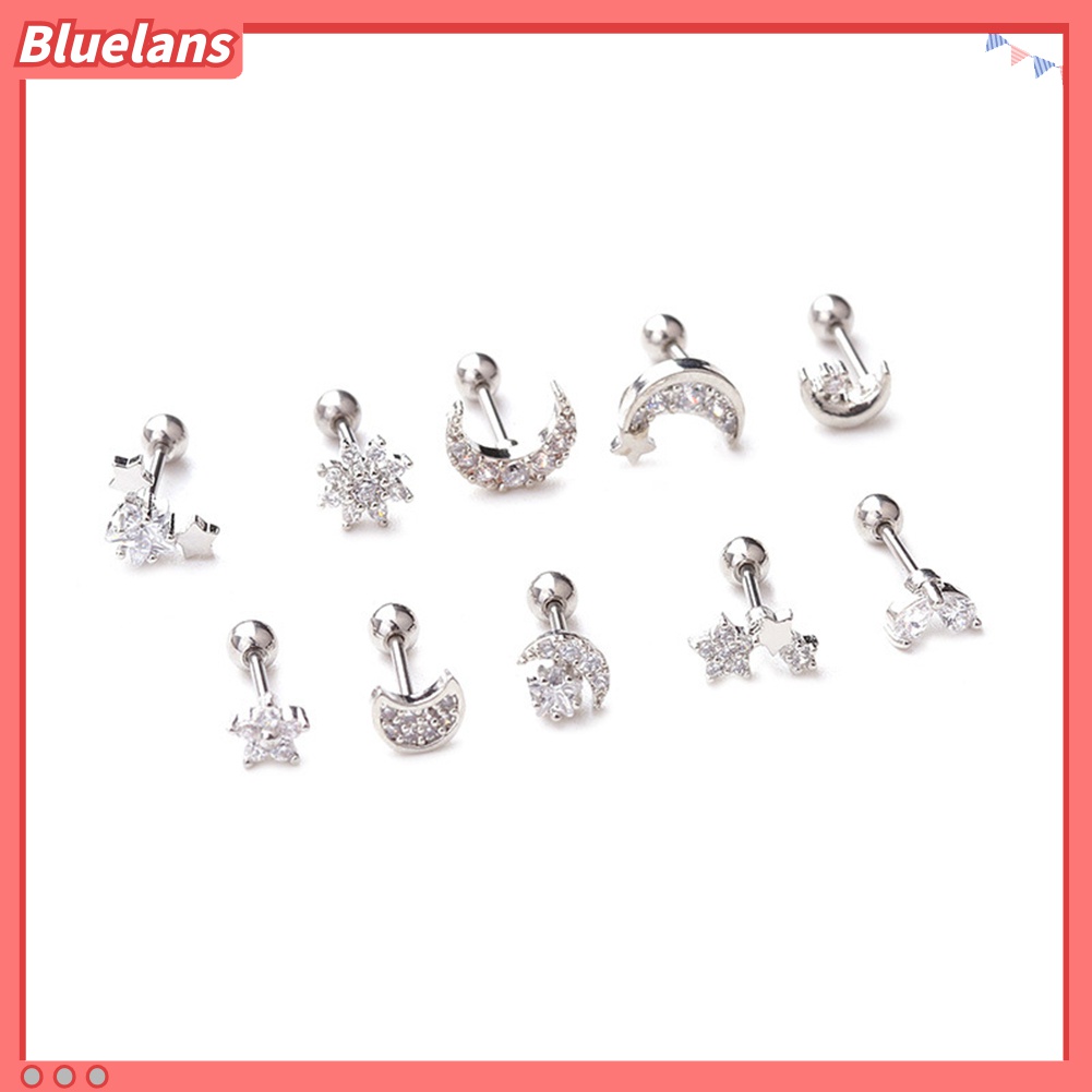 1pc Anting Stud Cubic Zirconia Inlaid Bentuk Bunga Bintang Bulan Untuk Wanita