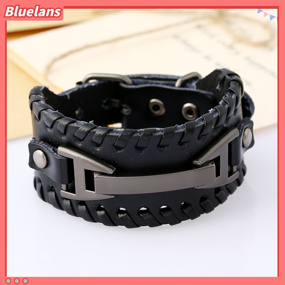 Gelang Bangle Bahan Kulit Imitasi Model Lebar Gaya Punk Untuk Pria