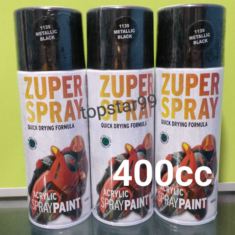 ZUPER Spray Paint Pilox Pilok Zuper Black Metalic Hitam Metalik 1139 400cc Cat Semprot Zuper Acrylic Ukuran Besar 400 cc Quick Drying Formula /Cepat Kering