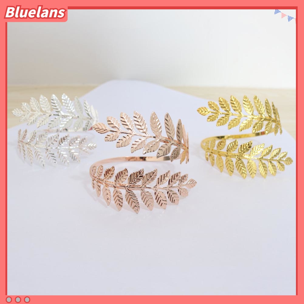 Gelang Bangle Lengan Model Terbuka Bahan Logam Bentuk Daun Untuk Wanita