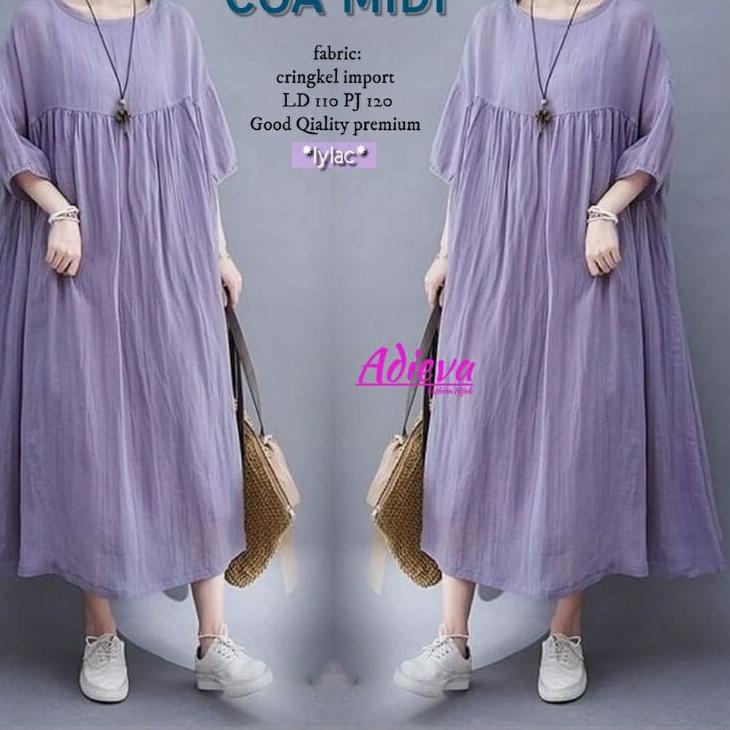 Terpercaya Coa Midi Dress || Party Dress Midi Cringkel Import Premium ||  Pakaian Pesta Kasual