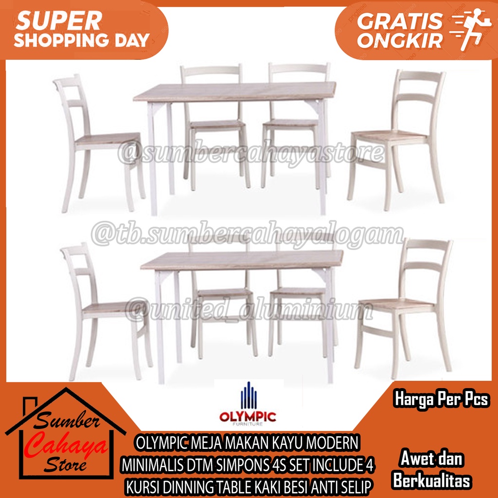 1 SET MEJA MAKAN DINNER KAYU MODERN MINIMALIS OLYMPIC DTM SIMPONS 4S SET INCLUDE 4 KURSI DINNING TAB