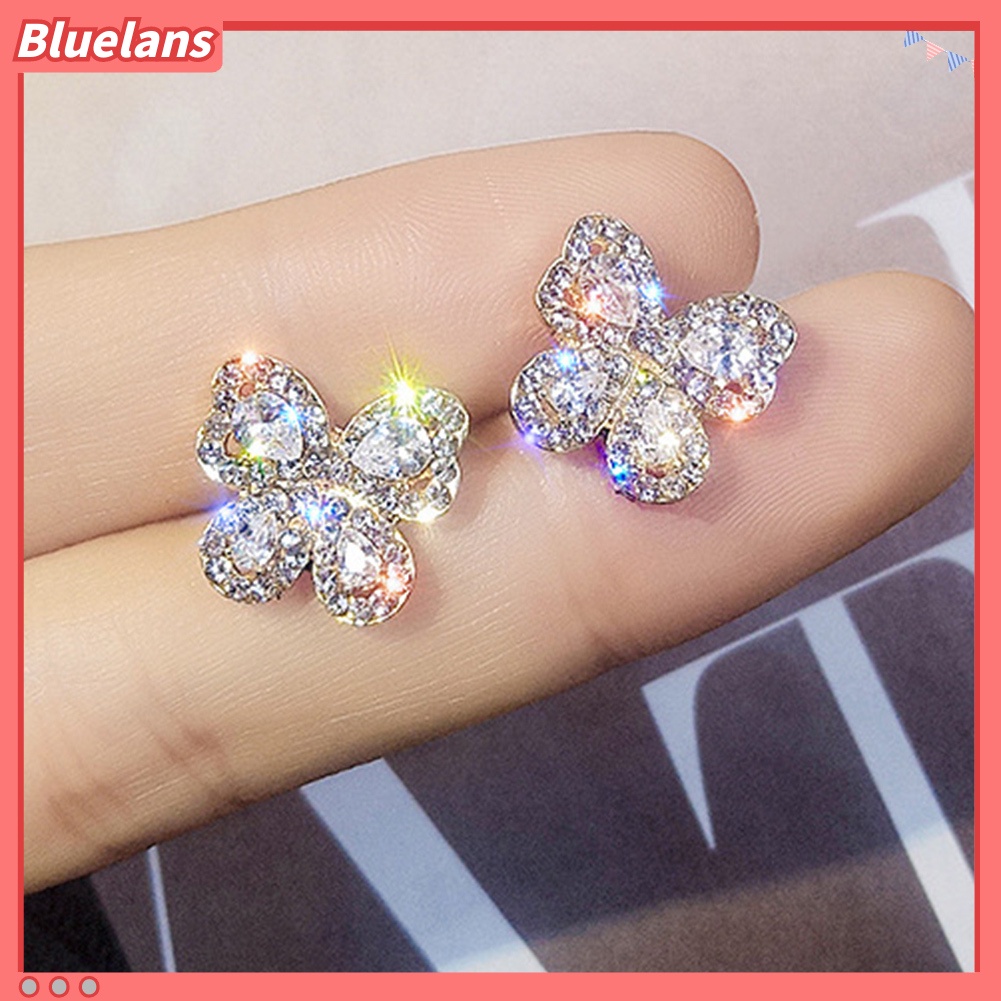 Bluelans Anting Stud Bentuk Kupu-Kupu Aksen Berlian Imitasi Untuk Wanita