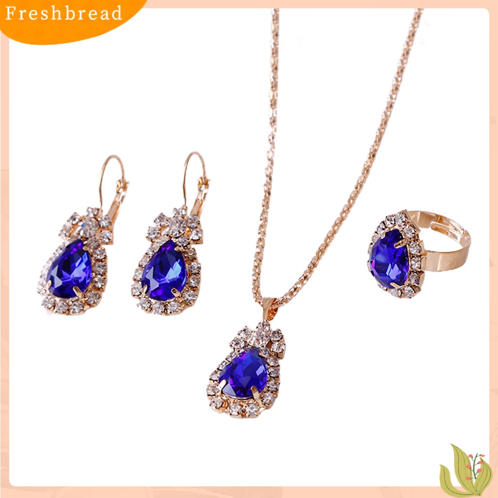 3pcs / Set Kalung Anting Cincin Liontin Water Drop Bahan Alloy Aksen Berlian Imitasi Untuk Wanita