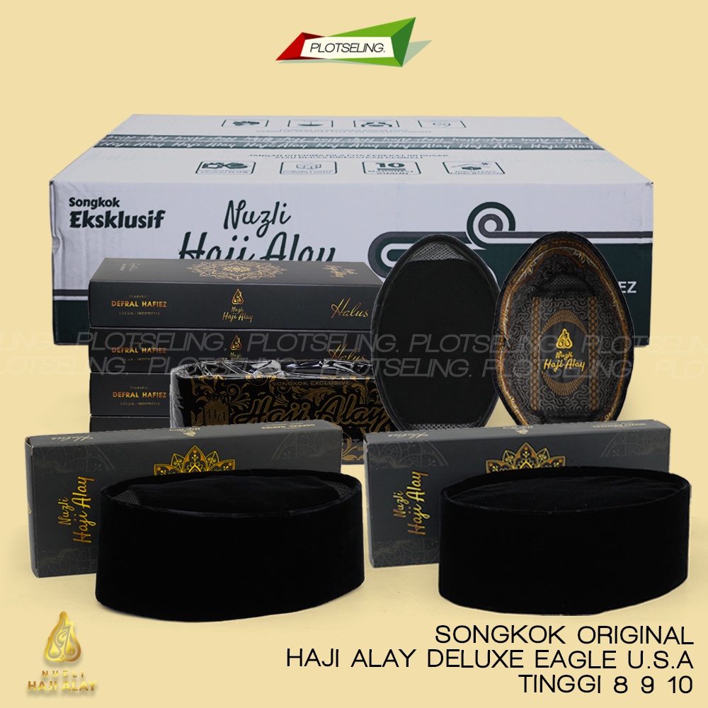 Songkok Premium HAJI ALAY DELUXE AC Tinggi 7 8 9 10 Peci Sholat Ukuran Anak Laki Pria Dewasa Santri Pesantren Kopiah Solat Pendek Full Beludru Hitam Polos Kopyah Shalat Motif Bordir Batik Nama NU Non Jumbo Kopeah Bulat Putih Susun Nasional Original Ori
