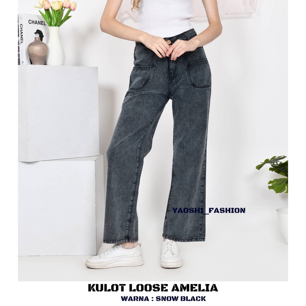 YAOSHI- Celana Panjang Pinggang Tinggi Wanita - BF Kulot  Loose Jeans Vintage Amelia Gaya Korea LONG PANTS