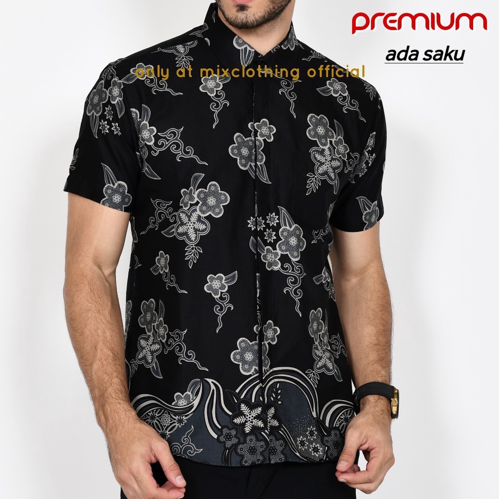 New Premium Baju Kemeja Batik Pria Slimfit Lengan Pendek 1904 Hitam