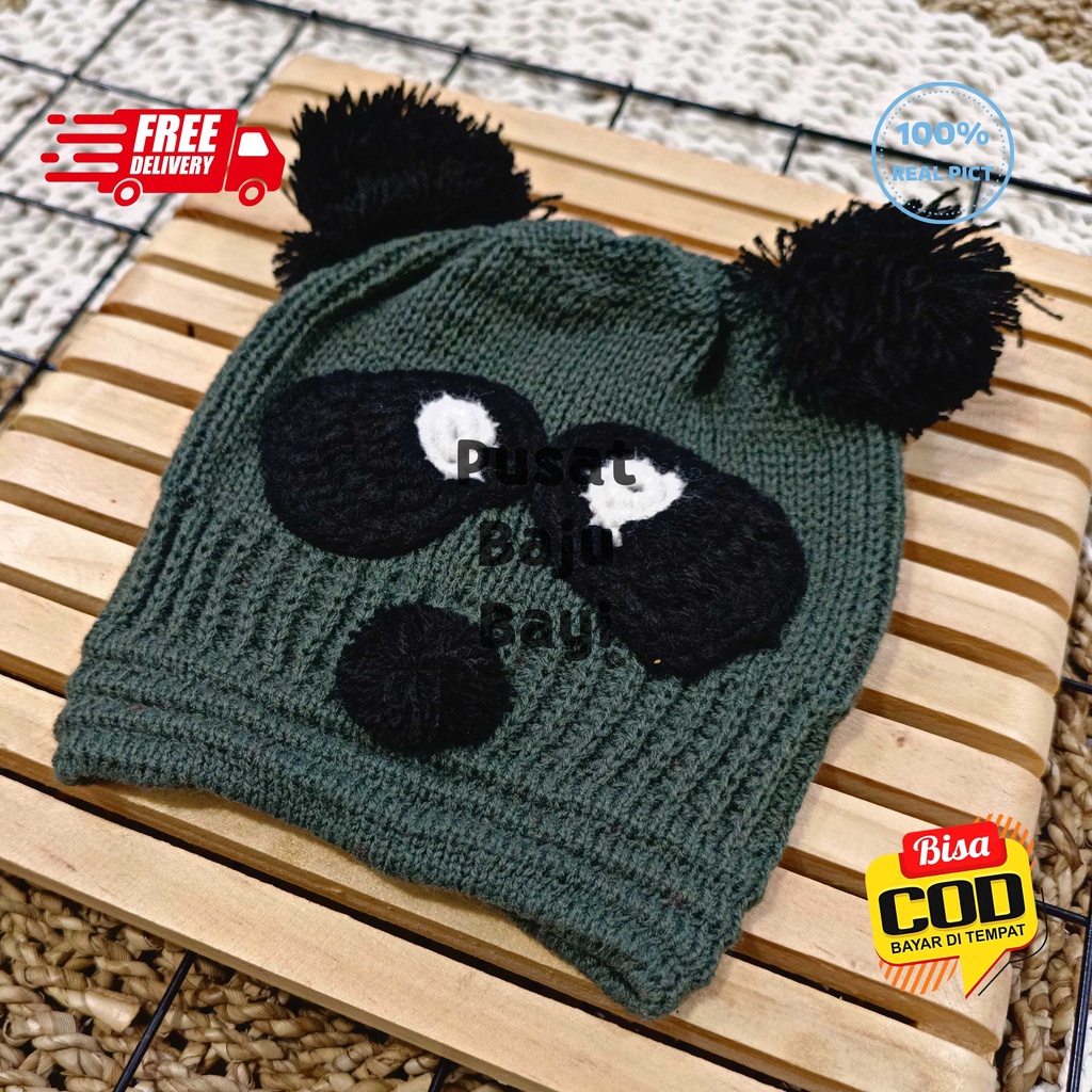 Topi Bayi Kupluk Rajut Premium Panda / Topi Rajut Pompom Panda / Topi Pompom Baby Boy Baby Girl Motif Panda