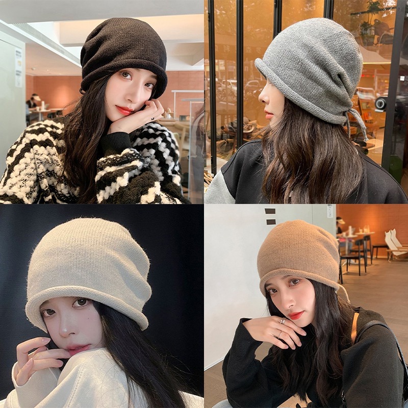 Women Pile Hats Women's Hats Wool Hats Pullover Month  Small Face Knitting Hats