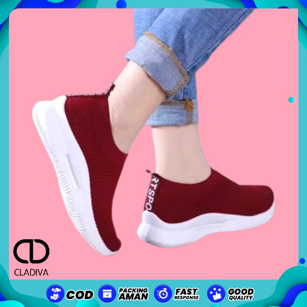 Sepatu Olahraga Sekolah Sport Senam Joging Jogging Spatu Sneakers Sneaker Kets Casual Kasual Poxing Slipon Slip On Abu Merah Maron Marun Hitam Biru Navi Navy Dongker Polos Perempuan Cewek Cewe Wanita FSH145 Cladiva