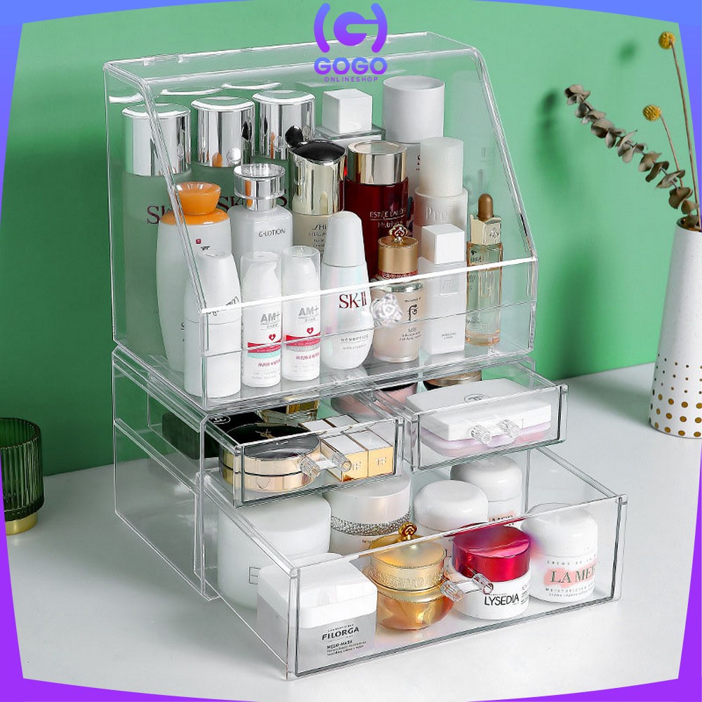 GOGO-K133 Rak Kosmetik Acrylic Transparan Dengan Penutup Anti Debu Storage Box / Tempat Penyimpanan Laci Rak Make Up Skincare Organizer Laci Multifungsi