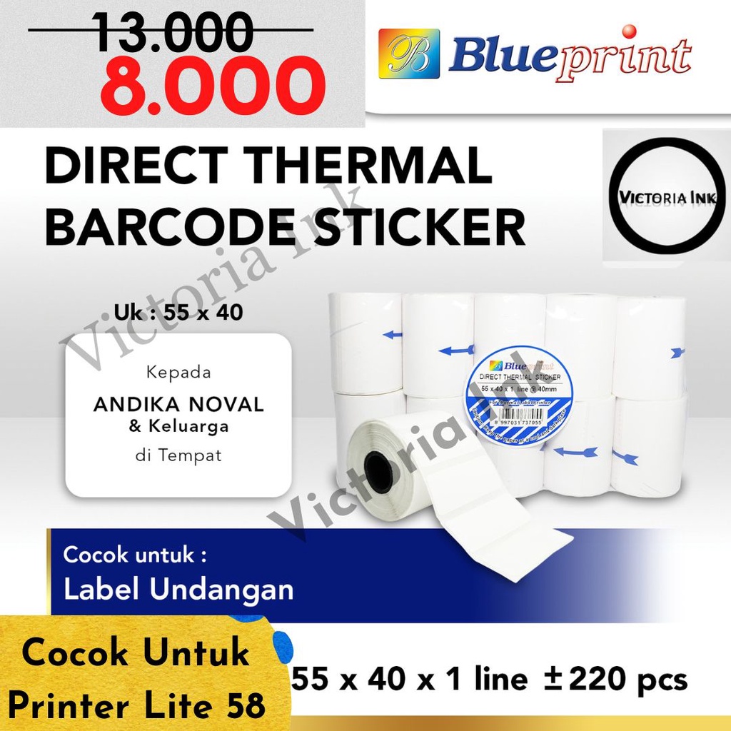 Direct Thermal Sticker Barcode Label Resi Blueprint BP 55x40 55×40 isi 220pcs Untuk Blueprint Lite 58 Lite58