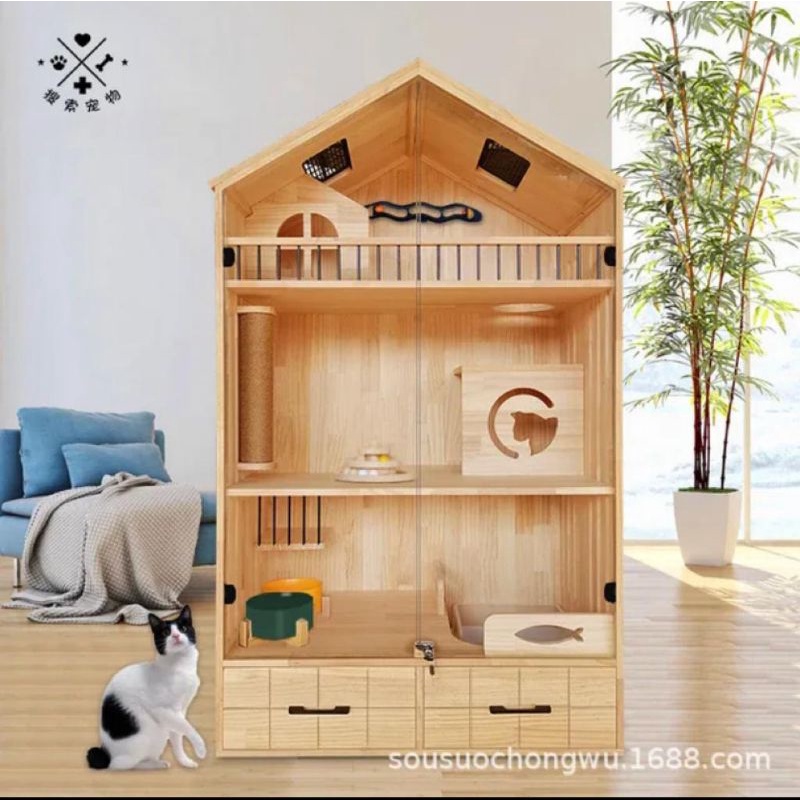 Kandang Kucing cat house kayu pintu kaca sliding rumah hewan dg playground lengkap cat toys