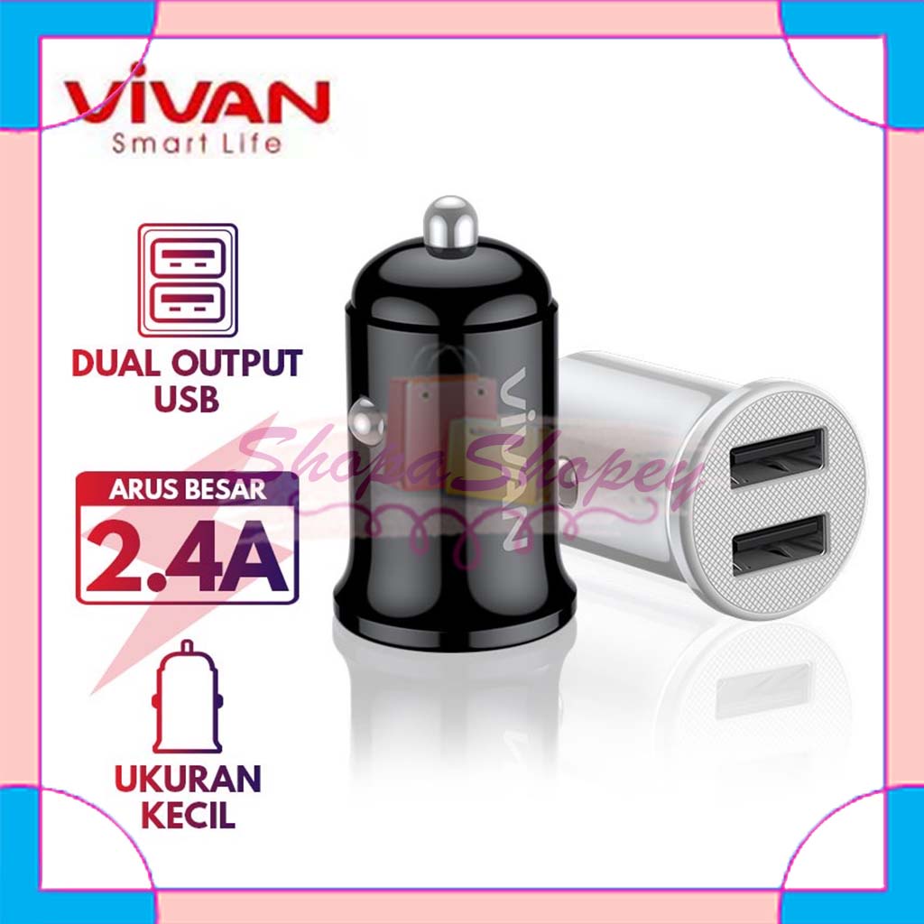 Charger Mobil Vivan VCC01 Dual Port 2.4A Small &amp; Portable with Micro USB Cable 100cm Garansi 1 Tahun