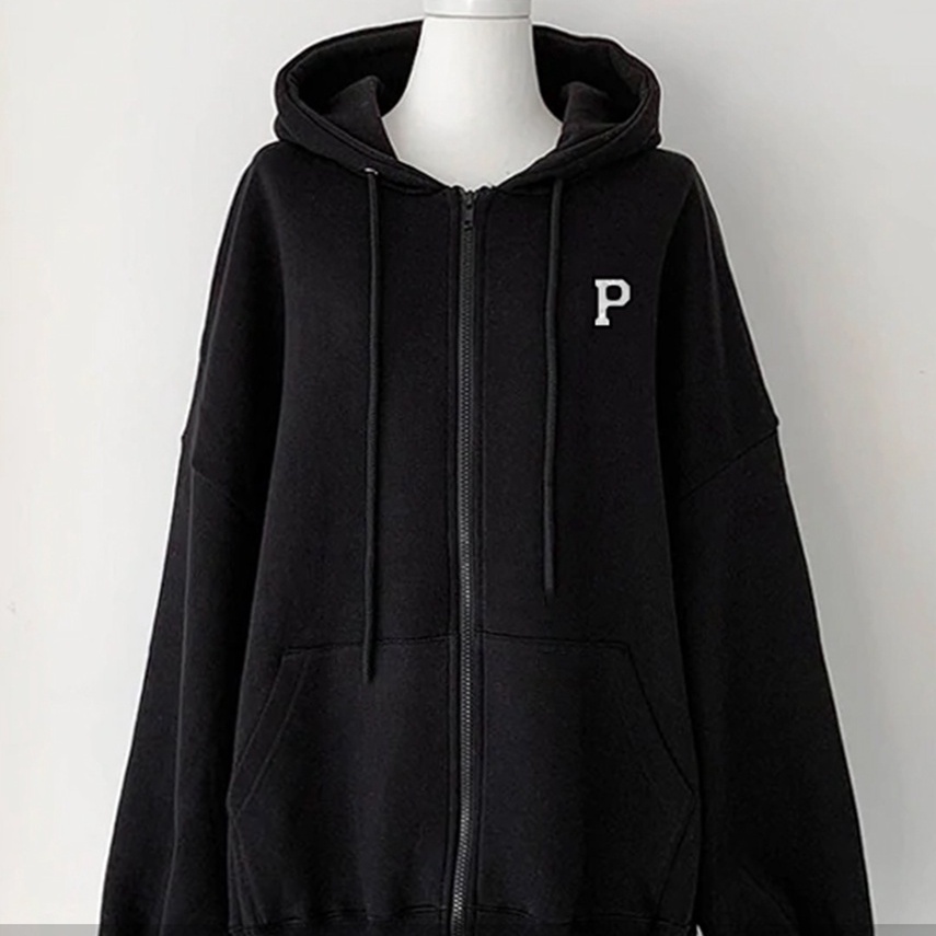 Hoodie Zipper initial P | Oversize Korean Style Jumper | Bahan Fleece | Size XXL