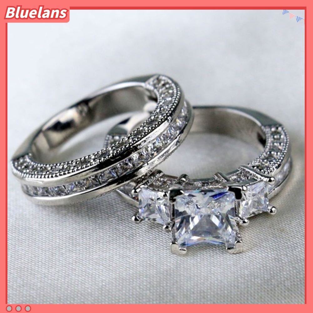 2pcs / Set Cincin Stacking Berlian Imitasi Model Princess Cut Untuk Wanita