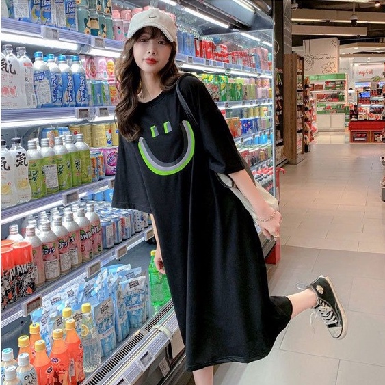 [littlecrab] Dress Kaos Oversize Bentuk Smile Black Live Matter Hitam Putih Neon Smily Baju Terusan Panjang Santai Simple Unik Elegan Berkualitas Emoticon Senyum Lengan Pendek Korean Style