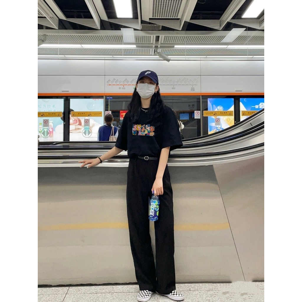 EUNII T-shirt Lengan Pendek Imut Kartun Angka Pencetakan Longgar Korean Style/Kaos Atasan Wanita/Baju Kaus Oversize Wanita