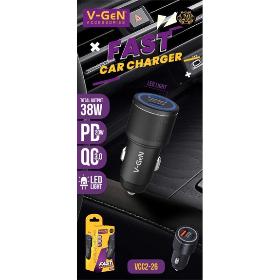 VGEN V-GeN VCC2-26 Car Charge Fast Charging QC 3.0 PD 38W USB Type C