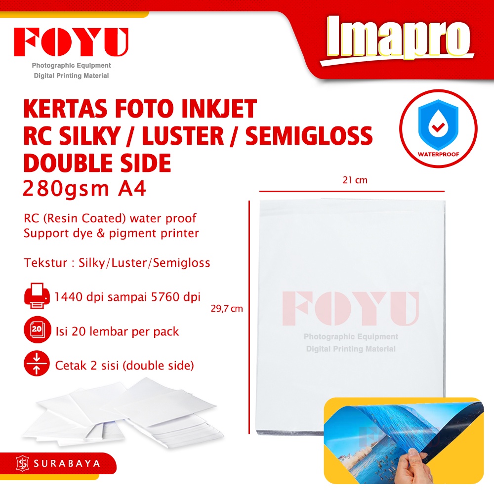 

Kertas Foto Inkjet Printer Imapro RC Silky Luster Double Side Cetak Dua Sisi Water Proof 280gsm A4