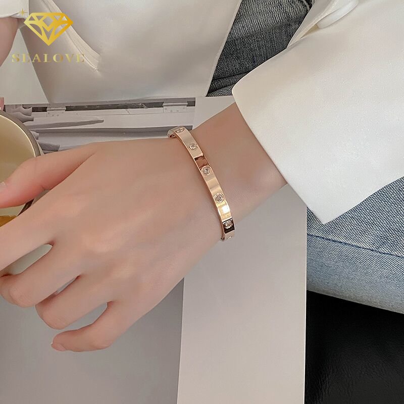 Gelang Tangan Titanium Wanita Berlian Premium Lapis Emas 18K Bulat Anti Karat Bangle Korea Perhiasan