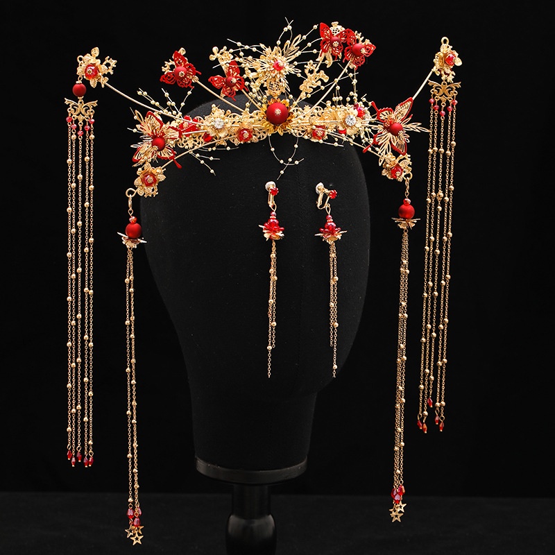 Bridal Headwear Set Hairpin Earrings Hanfu Hairpin Women's Hairpin Flower Tassel Chinese Crystal Hair Comb/Multi Color