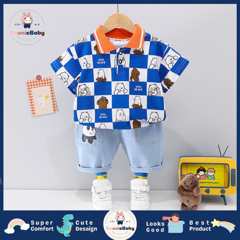 boonie [COD] setelan kaos krah polo kotak celana pendek denim bear anak laki laki usia 1 2 3 4 5 fashion import WEBEAR