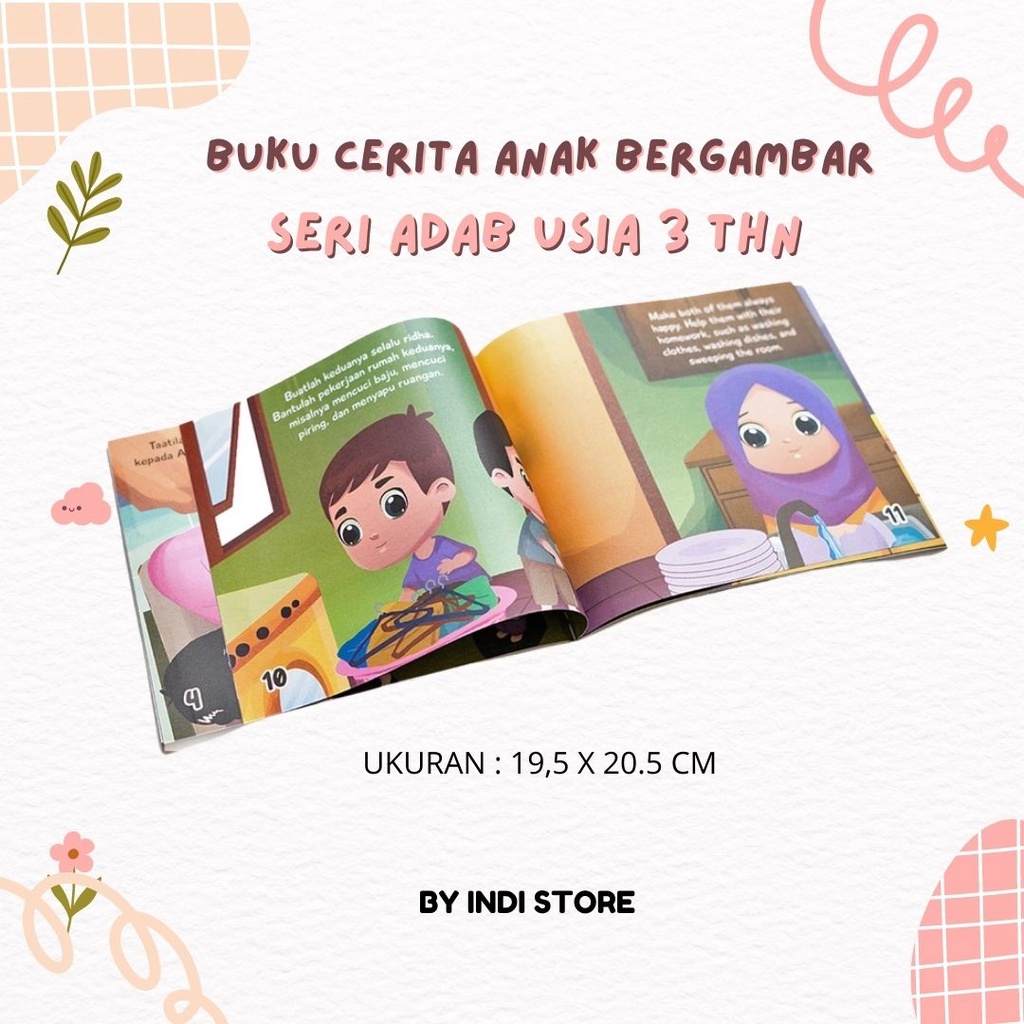 Buku Cerita Anak Bergambar Islami Seri Adab Usia 3 Tahun Bilingual Full Color : Adab Berbicara / Adab Di Kamar Mandi / Adab Di Sekolah / Adab Makan Dan Minum / Adab Terhadab Orang Tua / Adab TidurTidur