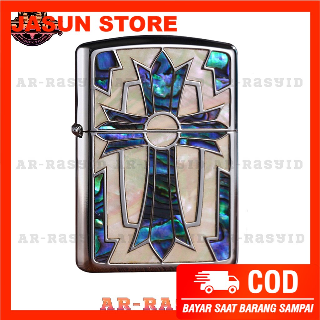 Bisa COD! Korek Api Minyak Zippo Silver Shell Motif Double Cross 3915-13