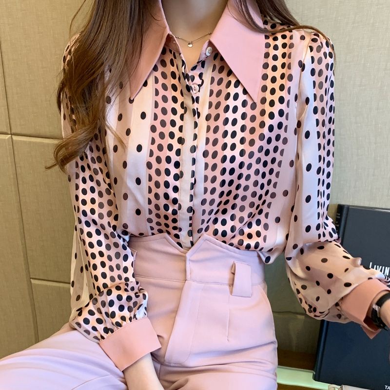 2130 Baju atasan blouse kerja vintage lengan panjang polkadot pink Korea Korean style wanita import 