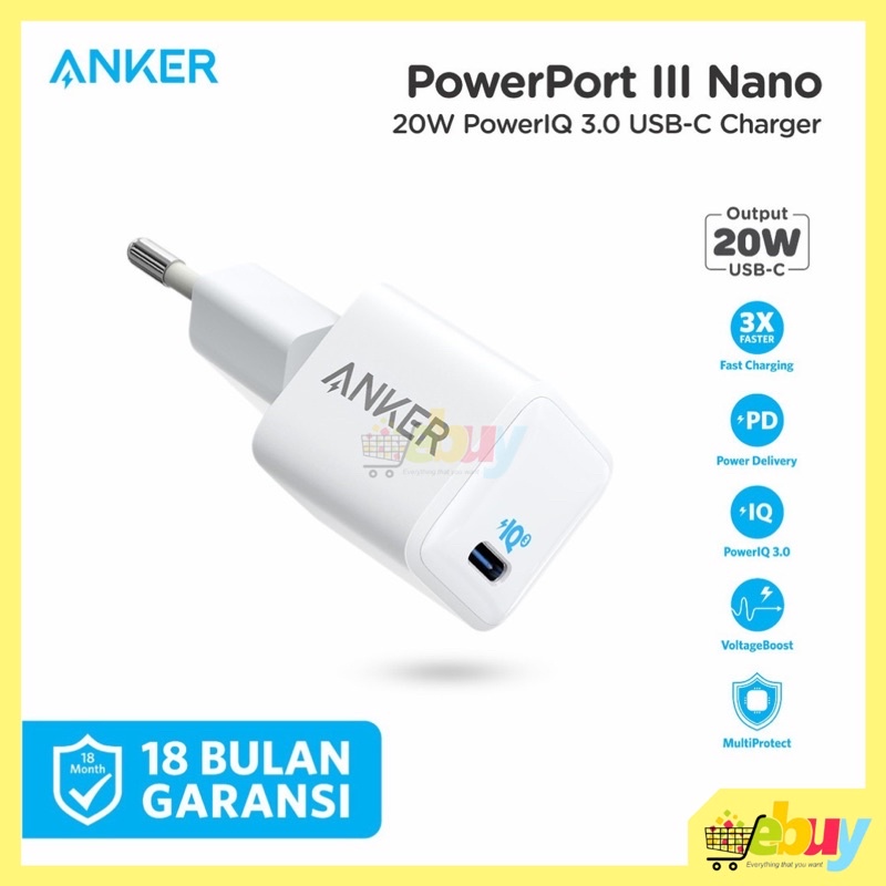Wall Charger Anker PowerPort III Nano 20W USB-C Fast Charging iPhone - Adaptor Cas Anker 20w Fast Charge iPhone PD PowerIQ 3.0