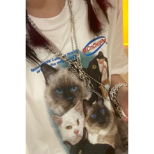 EUNII T-shirt Lengan Pendek Cartoon Cat Korean Style/Kaos Atasan Wanita/Baju Kaus Oversize Wanita