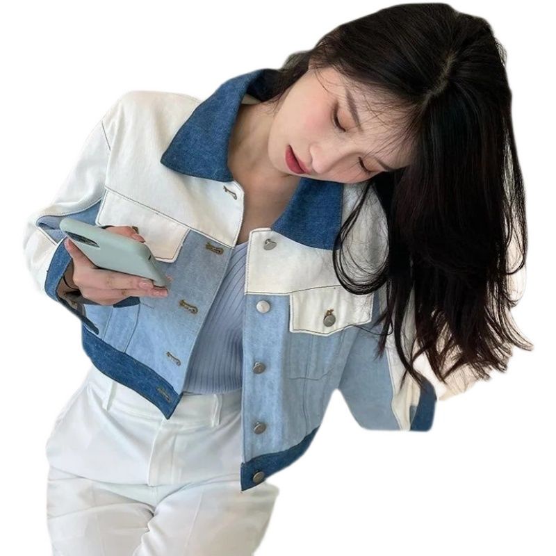 Nico##jaket denim/jaket jeans denim/Jaket tambal sulam denim pendek untuk wanita/jeans crop jaket wanita