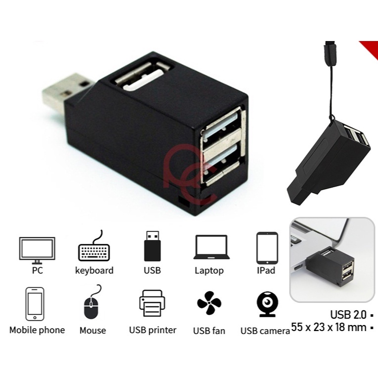 Mini Super Speed USB 2.0 Hub 3 Ports - Y-2153 / USB 2.0 HUB 3 Port Multi USB Splitter Kecepatan Super Mini HUB Adapter untuk PC Laptop Notebook - Black