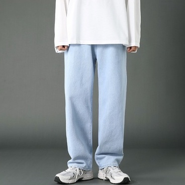 Baggy jeans celana jeans pria celana korean style straight jeans biru muda fashion santai celana jeans panjang pria