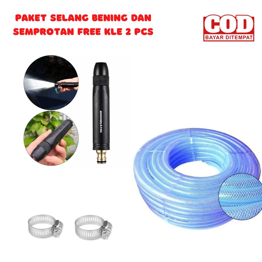 Tifaka - SATU SET SELANG SERAT BENANG BENING 1/2 INCH 1 MM + SEMPROTAN LURUS HITAM KUNINGAN + KLEM 2 PCS